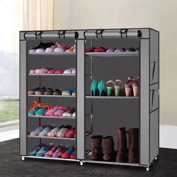Double Rows Home Shoe Rack Shelf Storage Closet Organizer Cabinet Portable Cover Grey - Osacean Sky Logistics