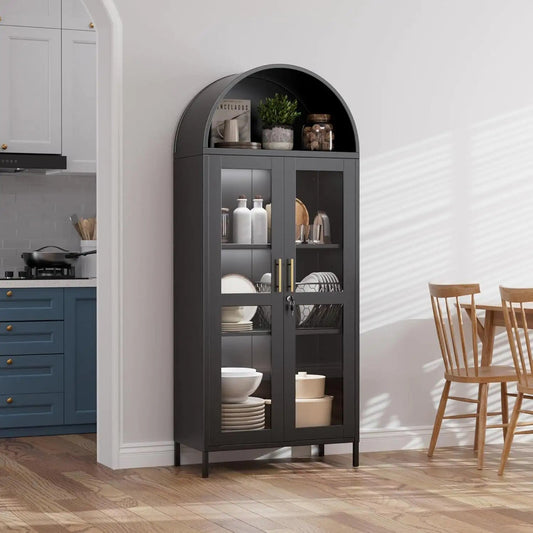 Metal Arched Cabinet With LED Strips, Arch Display Bookcase With Glass Doors, Modern Freestanding Kitchen Pantry Storage Cabinet For Living Room, Dining Room, Home Office, Assembly Required Black - Osacean Sky Logistics