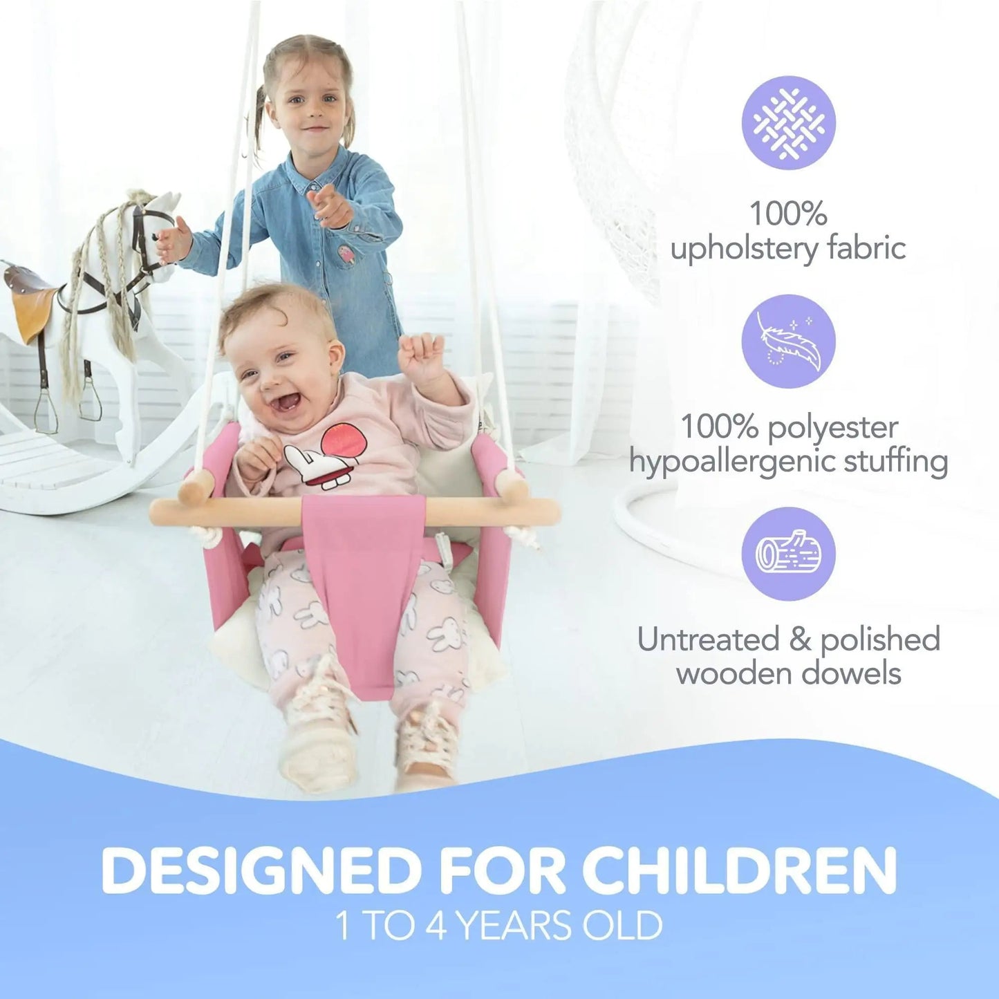 Pink Canvas Baby Swing Wooden Hanging Swing Seat Chair with Safety Belt Durable Baby Swing Chair Outdoor and Indoor Swing for Kids Mounting Hardware Included Pink - Osacean Sky Logistics