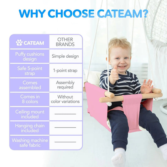 Pink Canvas Baby Swing Wooden Hanging Swing Seat Chair with Safety Belt Durable Baby Swing Chair Outdoor and Indoor Swing for Kids Mounting Hardware Included Pink - Osacean Sky Logistics