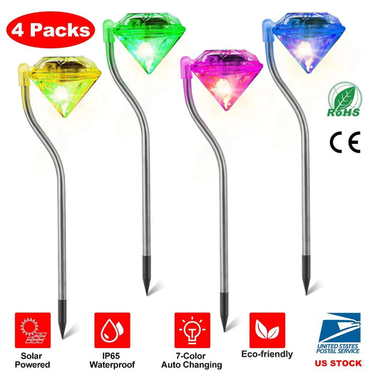 4Pcs Solar Garden Light Outdoor Diamond LED Light 7 - Color Changing IP65 Waterproof Pathway Stake Decorative Lamp For Garden Patio Yard Walkway - Osacean Sky Logistics