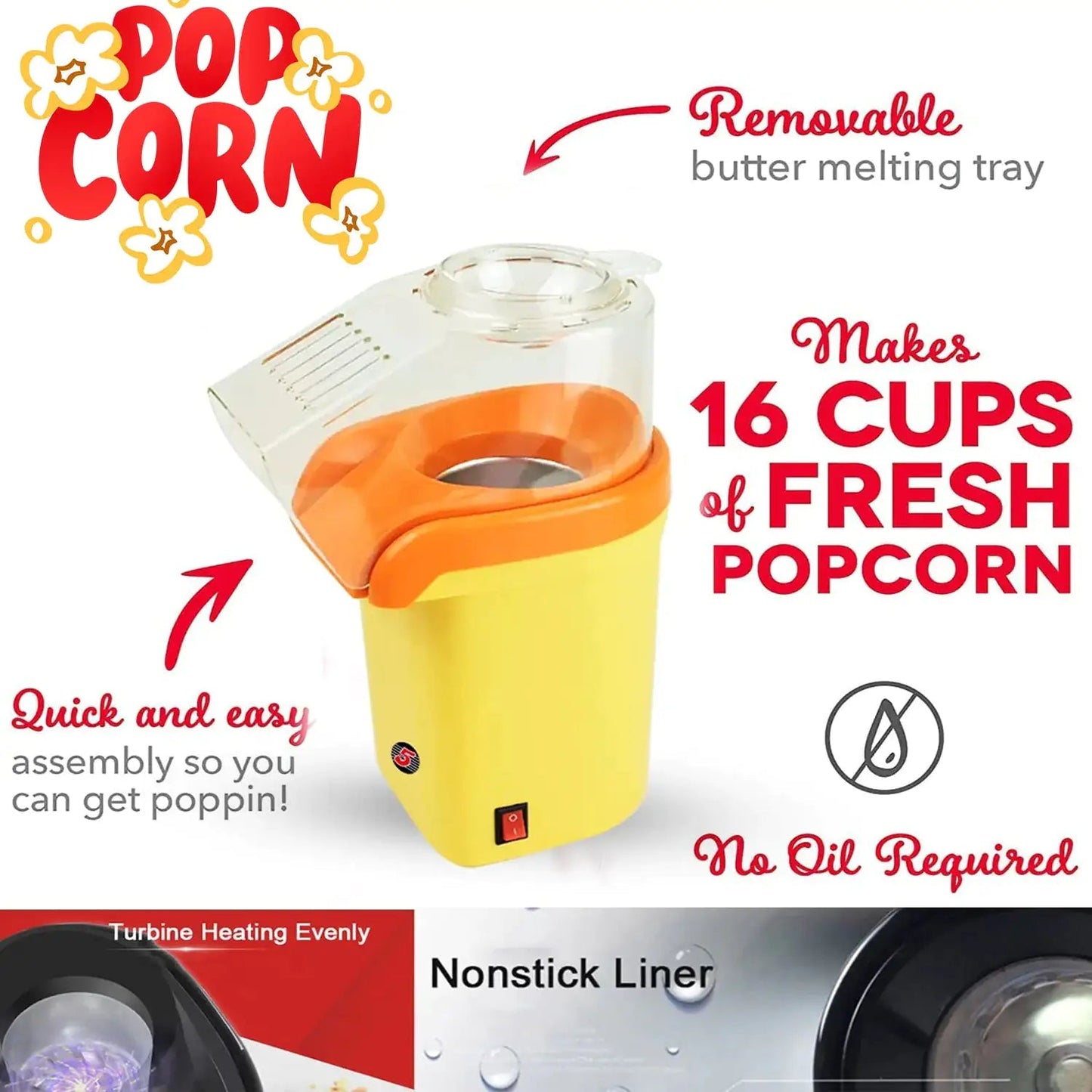 5Core Popcorn Machine 16 Cup Hot Air Popper Mini Portable Electric Pop Corn Maker YELLOW - Osacean Sky Logistics