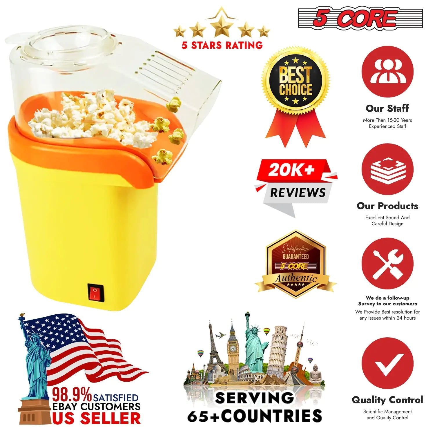 5Core Popcorn Machine 16 Cup Hot Air Popper Mini Portable Electric Pop Corn Maker YELLOW - Osacean Sky Logistics