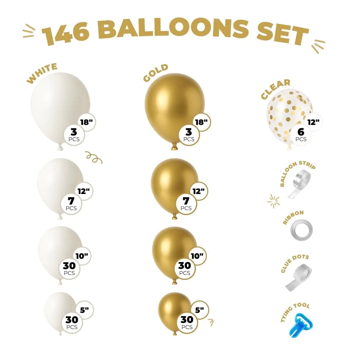 Balloon Garland Arch Kit 146 Pcs White Metallic Gold Confetti Balloons for Baby Shower Birthday Gender Reveal Wedding Party DIY Kit - Osacean Sky Logistics