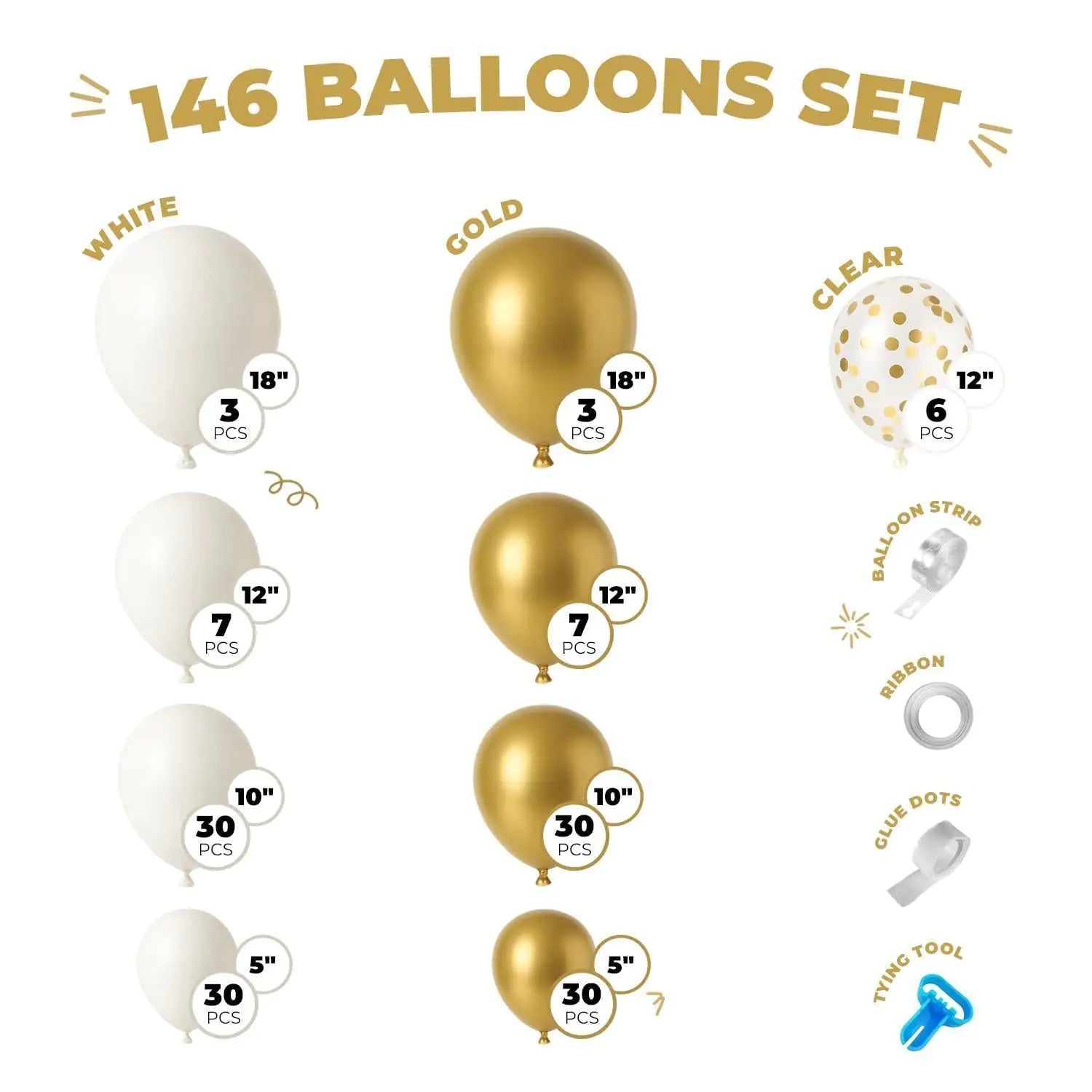 Balloon Garland Arch Kit 146 Pcs White Metallic Gold Confetti Balloons for Baby Shower Birthday Gender Reveal Wedding Party DIY Kit - Osacean Sky Logistics