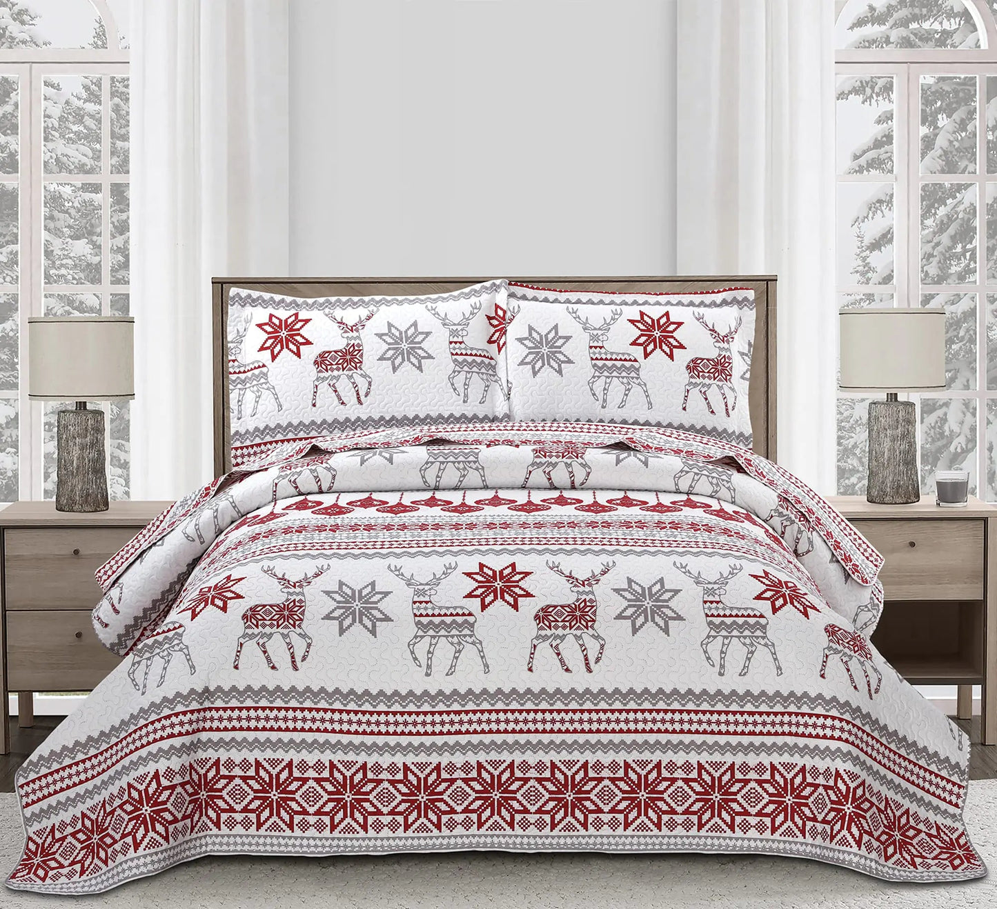 Christmas Quilt Set Queen Size Christmas Bedding Xmas Quilt Bedspread Coverlet Holiday Christmas Quilt Bedding Deer Snowflake Christmas Decor Quilt Soft Lightweight Christmas Quilt BeddingRed White - Osacean Sky Logistics