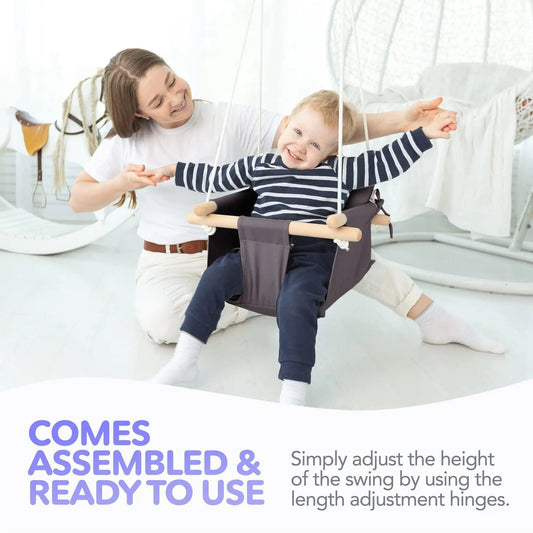 Dark Gray Canvas Baby Swing Wooden Hanging Swing Seat Chair with Safety Belt Durable Baby Swing Chair Outdoor and Indoor Swing for Kids Mounting Hardware Included Dark Gray - Osacean Sky Logistics