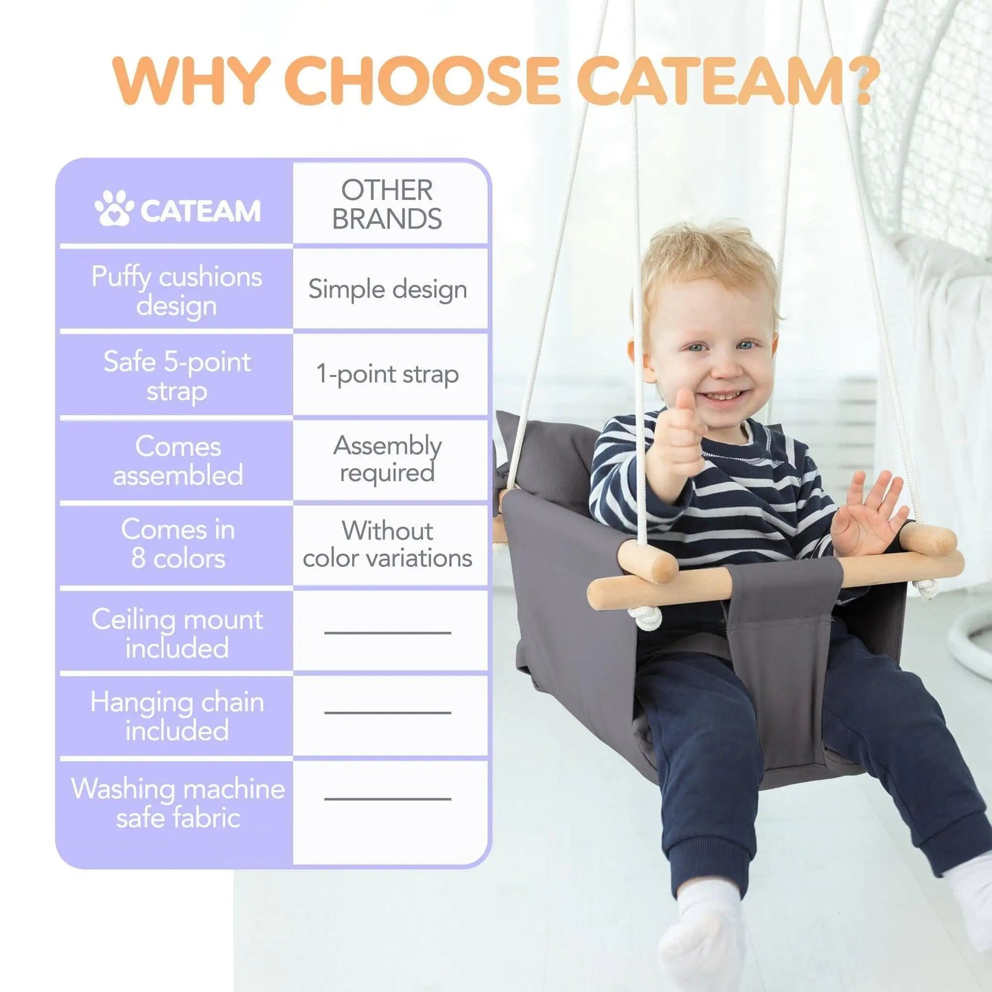 Dark Gray Canvas Baby Swing Wooden Hanging Swing Seat Chair with Safety Belt Durable Baby Swing Chair Outdoor and Indoor Swing for Kids Mounting Hardware Included Dark Gray - Osacean Sky Logistics