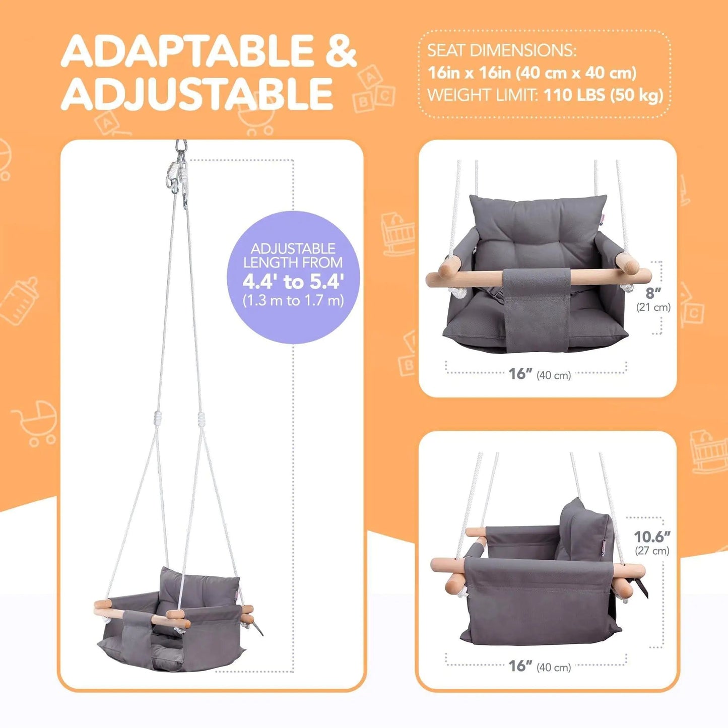 Dark Gray Canvas Baby Swing Wooden Hanging Swing Seat Chair with Safety Belt Durable Baby Swing Chair Outdoor and Indoor Swing for Kids Mounting Hardware Included Dark Gray - Osacean Sky Logistics