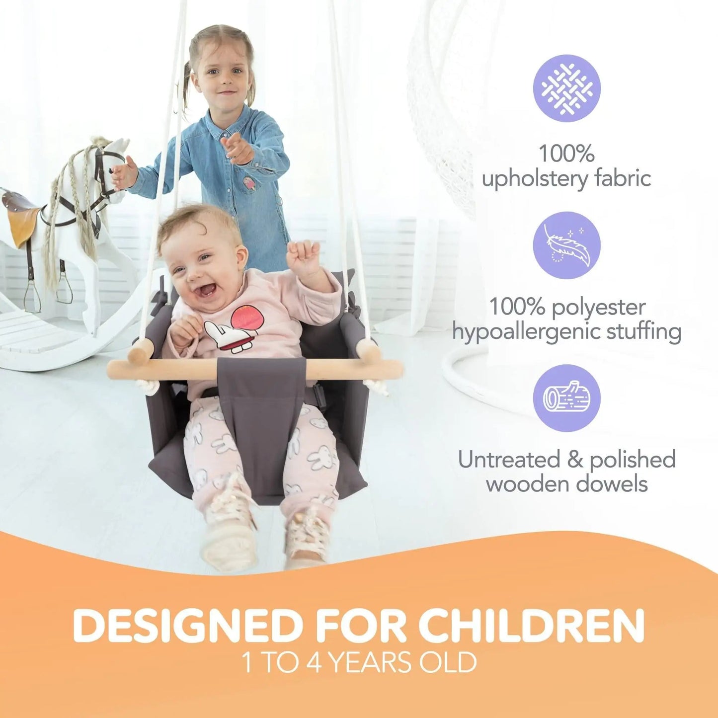 Dark Gray Canvas Baby Swing Wooden Hanging Swing Seat Chair with Safety Belt Durable Baby Swing Chair Outdoor and Indoor Swing for Kids Mounting Hardware Included Dark Gray - Osacean Sky Logistics