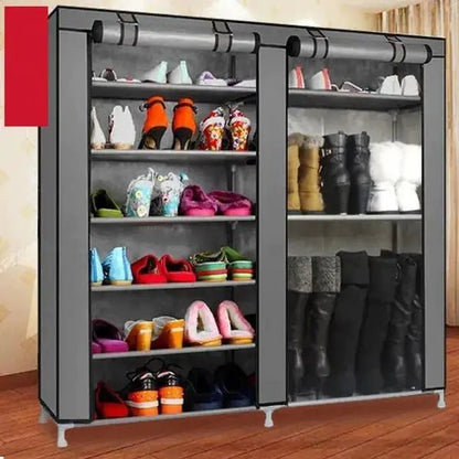 Double Rows Home Shoe Rack Shelf Storage Closet Organizer Cabinet Portable Cover Grey - Osacean Sky Logistics