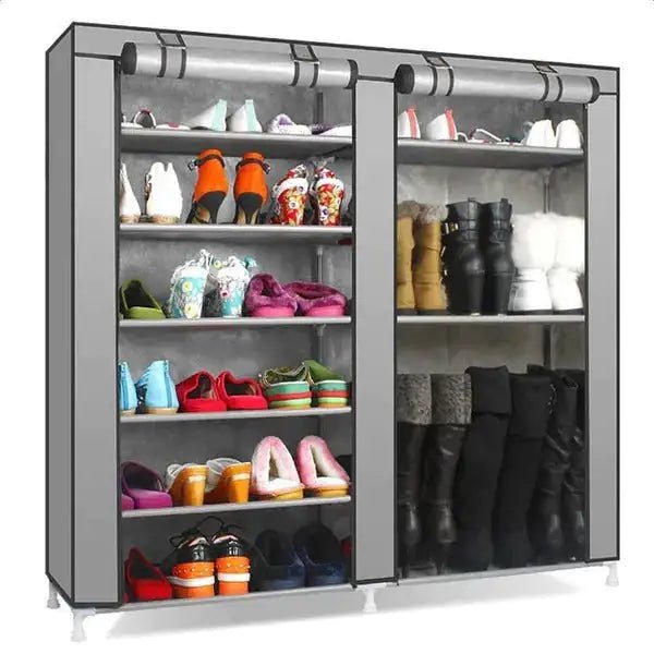 Double Rows Home Shoe Rack Shelf Storage Closet Organizer Cabinet Portable Cover Grey - Osacean Sky Logistics