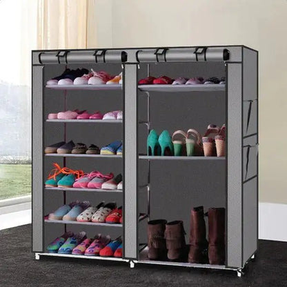 Double Rows Home Shoe Rack Shelf Storage Closet Organizer Cabinet Portable Cover Grey - Osacean Sky Logistics