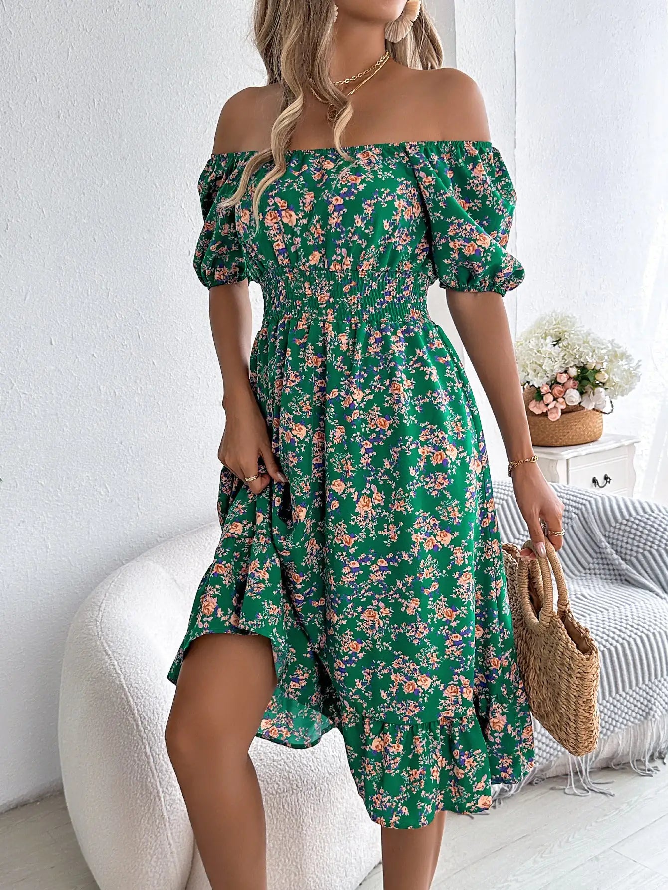 Floral Print Square Collar Dress Summer Fashion Ruffles Dresses Women's Clothing - Osacean Sky Logistics