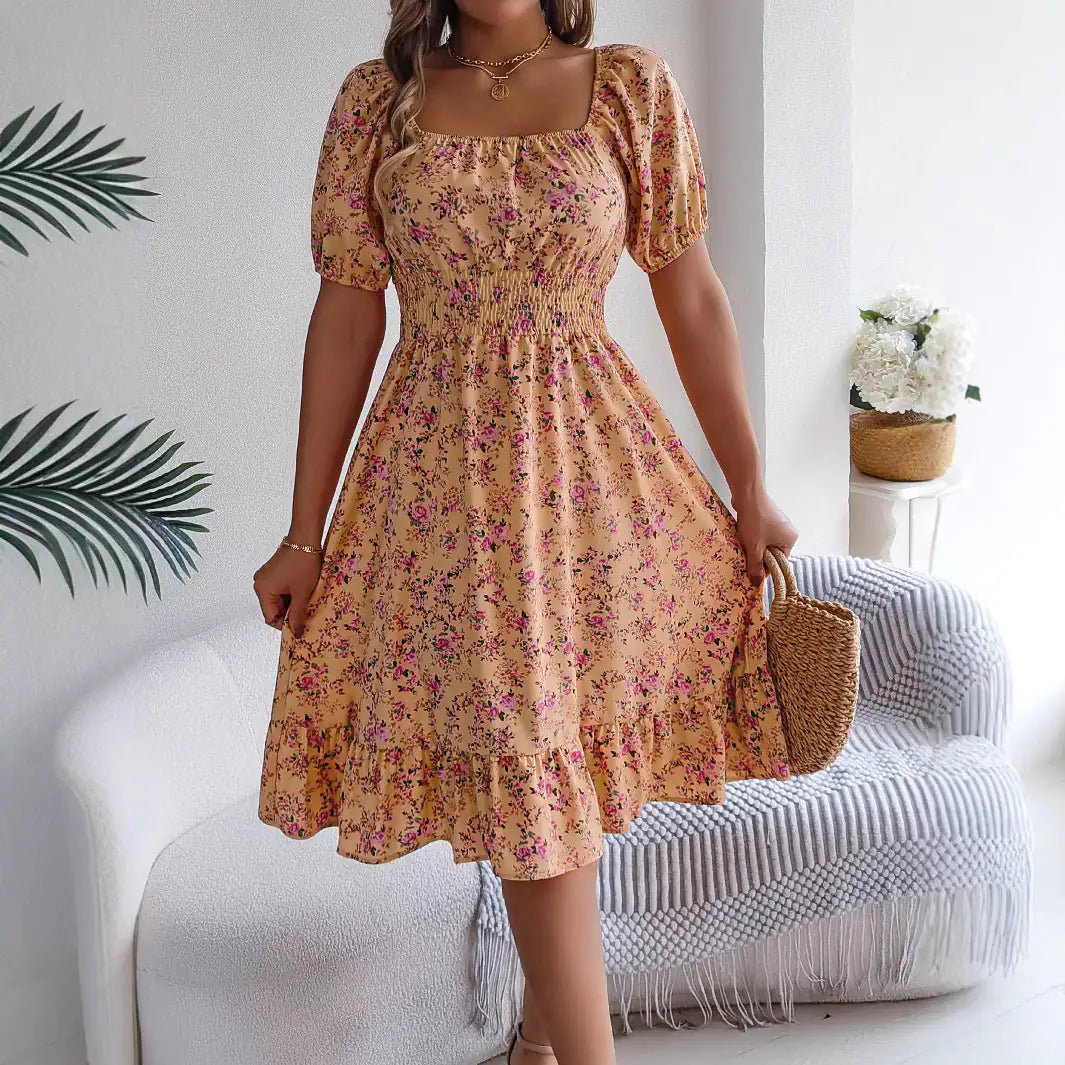 Floral Print Square Collar Dress Summer Fashion Ruffles Dresses Women's Clothing - Osacean Sky Logistics