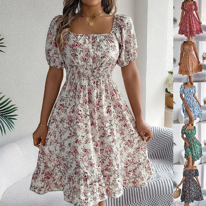 Floral Print Square Collar Dress Summer Fashion Ruffles Dresses Women's Clothing - Osacean Sky Logistics