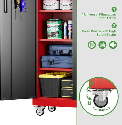 Garage Storage Cabinet With Pegboard And 5 Adjustable Shelves, Metal Lockable Cabinet With Magnetic Doors,Tool Storage,Home Office Garage,Gym,School Black - red - Osacean Sky Logistics