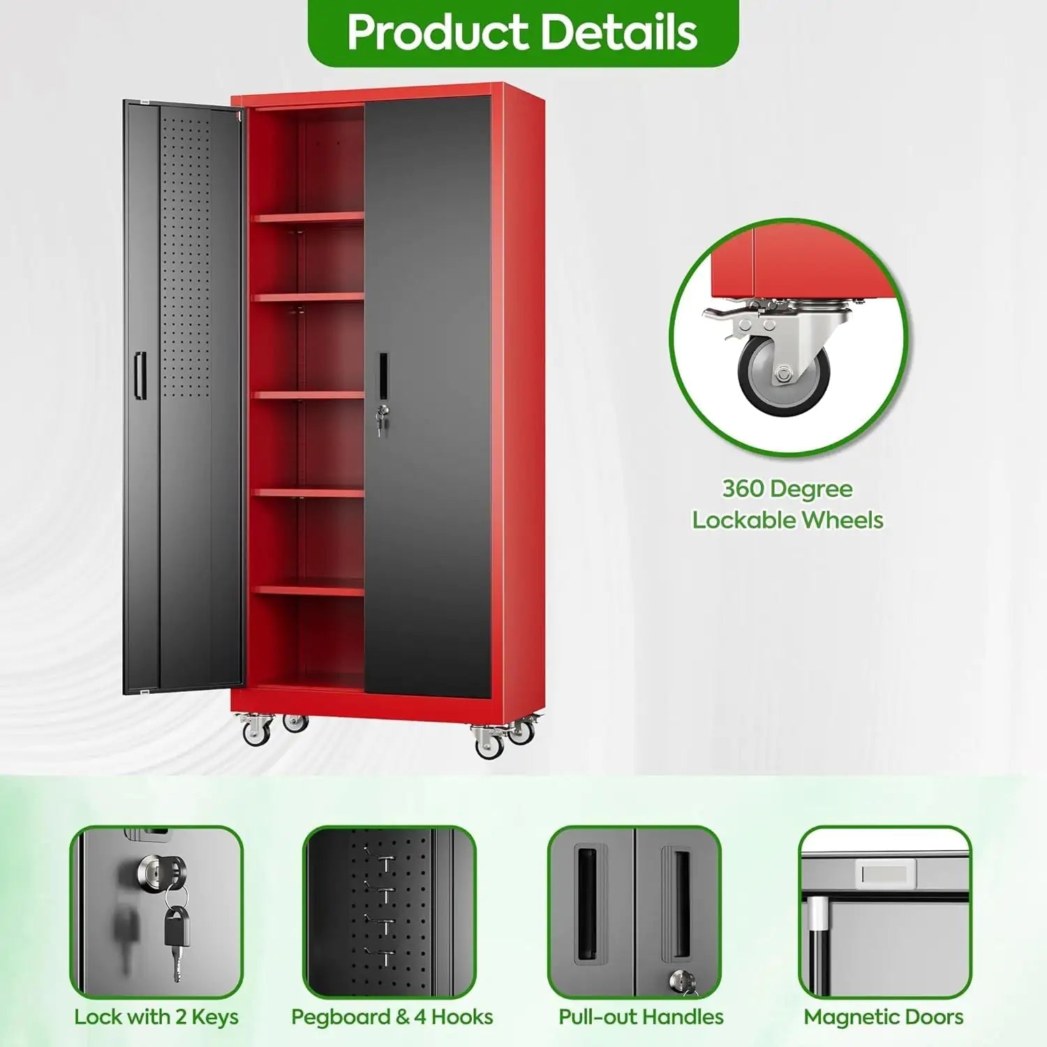 Garage Storage Cabinet With Pegboard And 5 Adjustable Shelves, Metal Lockable Cabinet With Magnetic Doors,Tool Storage,Home Office Garage,Gym,School Black - red - Osacean Sky Logistics