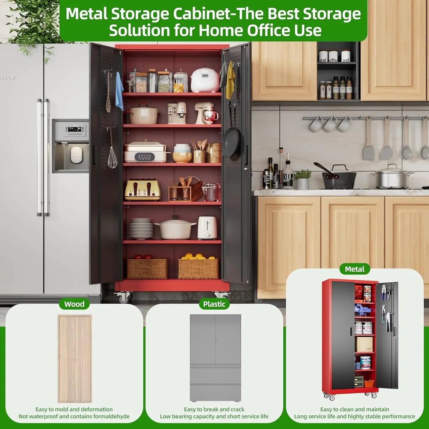 Garage Storage Cabinet With Pegboard And 5 Adjustable Shelves, Metal Lockable Cabinet With Magnetic Doors,Tool Storage,Home Office Garage,Gym,School Black - red - Osacean Sky Logistics