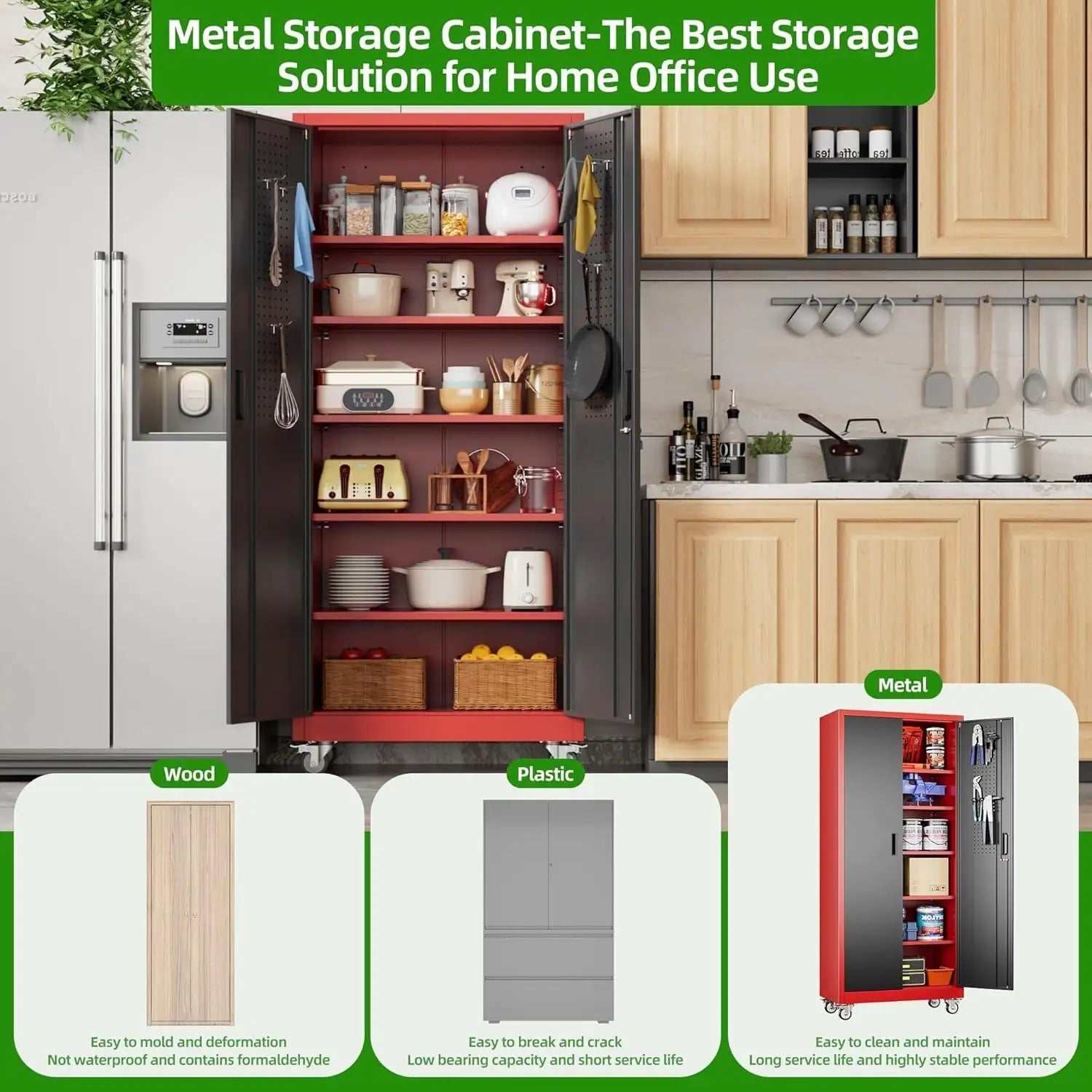 Garage Storage Cabinet With Pegboard And 5 Adjustable Shelves, Metal Lockable Cabinet With Magnetic Doors,Tool Storage,Home Office Garage,Gym,School Black - red - Osacean Sky Logistics