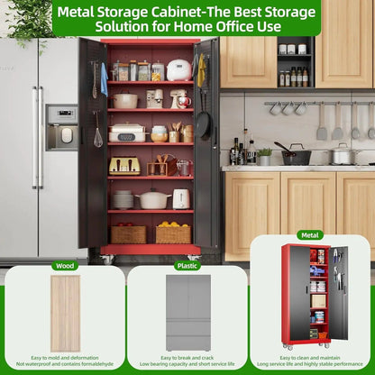 Garage Storage Cabinet With Pegboard And 5 Adjustable Shelves, Metal Lockable Cabinet With Magnetic Doors,Tool Storage,Home Office Garage,Gym,School Black - red - Osacean Sky Logistics