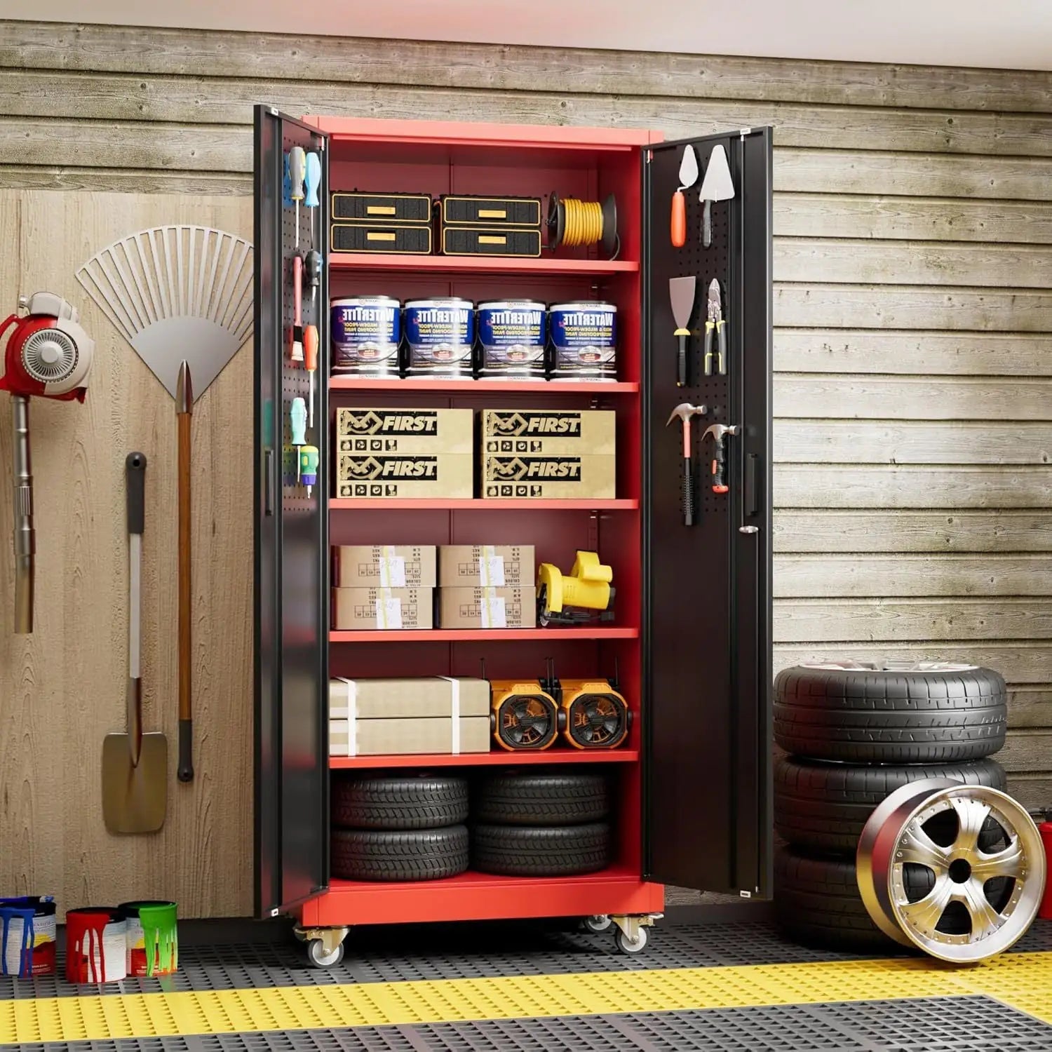 Garage Storage Cabinet With Pegboard And 5 Adjustable Shelves, Metal Lockable Cabinet With Magnetic Doors,Tool Storage,Home Office Garage,Gym,School Black - red - Osacean Sky Logistics