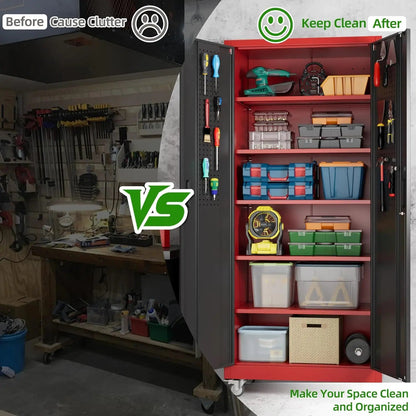 Garage Storage Cabinet With Pegboard And 5 Adjustable Shelves, Metal Lockable Cabinet With Magnetic Doors,Tool Storage,Home Office Garage,Gym,School Black - red - Osacean Sky Logistics