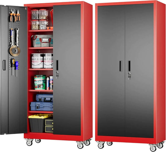 Garage Storage Cabinet With Pegboard And 5 Adjustable Shelves, Metal Lockable Cabinet With Magnetic Doors,Tool Storage,Home Office Garage,Gym,School Black - red - Osacean Sky Logistics