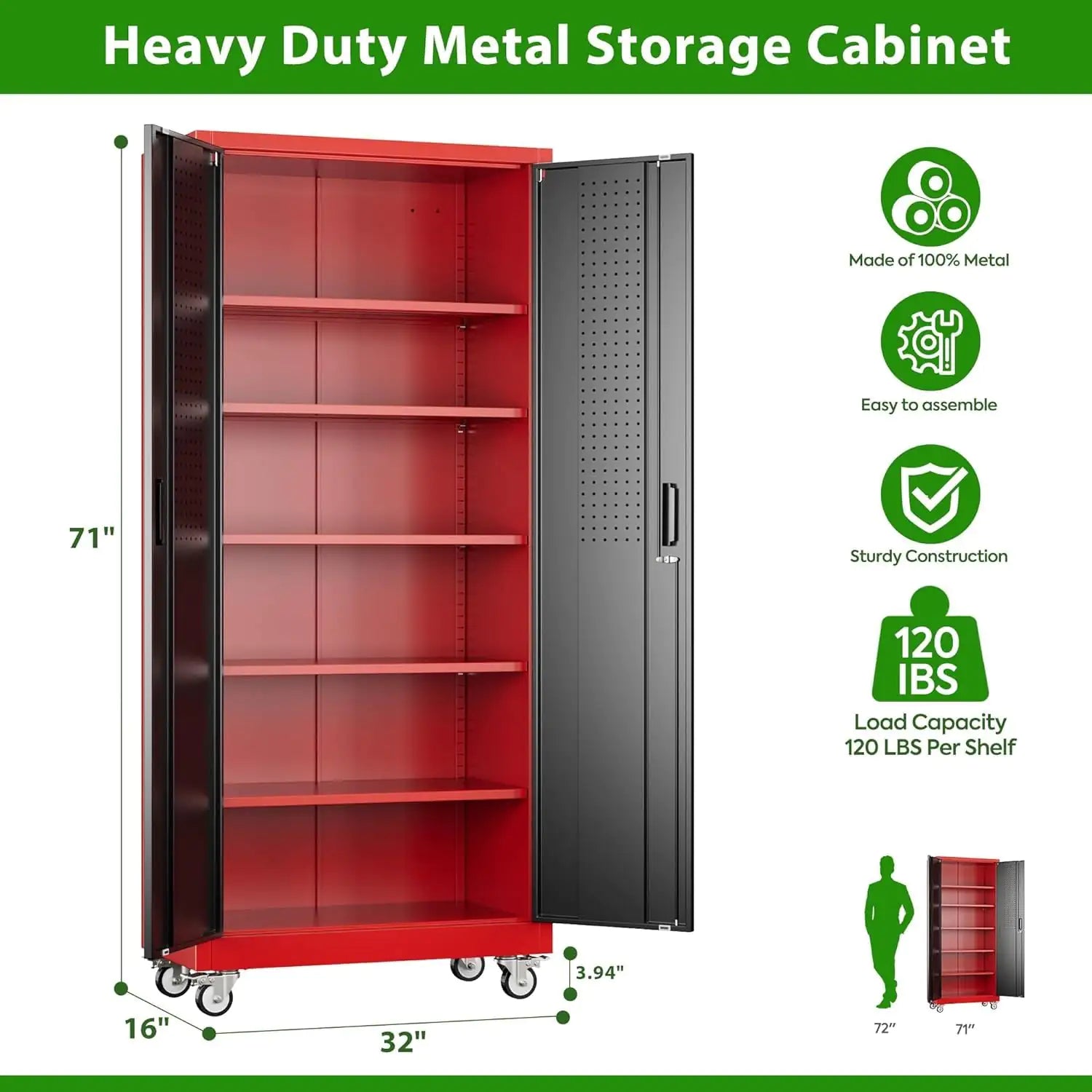 Garage Storage Cabinet With Pegboard And 5 Adjustable Shelves, Metal Lockable Cabinet With Magnetic Doors,Tool Storage,Home Office Garage,Gym,School Black - red - Osacean Sky Logistics