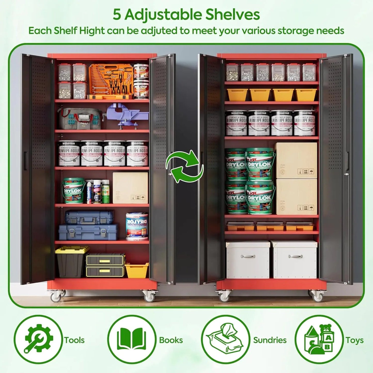 Garage Storage Cabinet With Pegboard And 5 Adjustable Shelves, Metal Lockable Cabinet With Magnetic Doors,Tool Storage,Home Office Garage,Gym,School Black - red - Osacean Sky Logistics