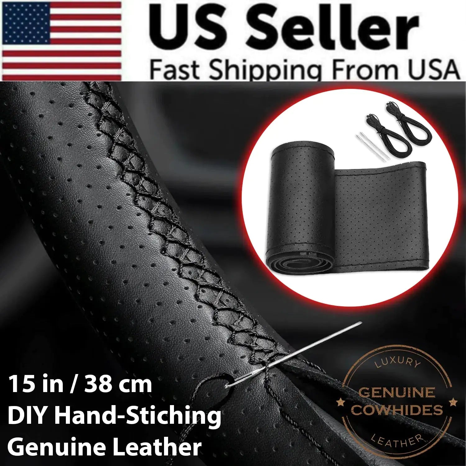 Genuine Leather DIY Car Steering Wheel Cover Anti - slip For Cm Black US - Osacean Sky Logistics