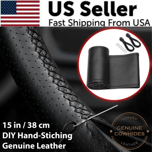Genuine Leather DIY Car Steering Wheel Cover Anti - slip For Cm Black US - Osacean Sky Logistics