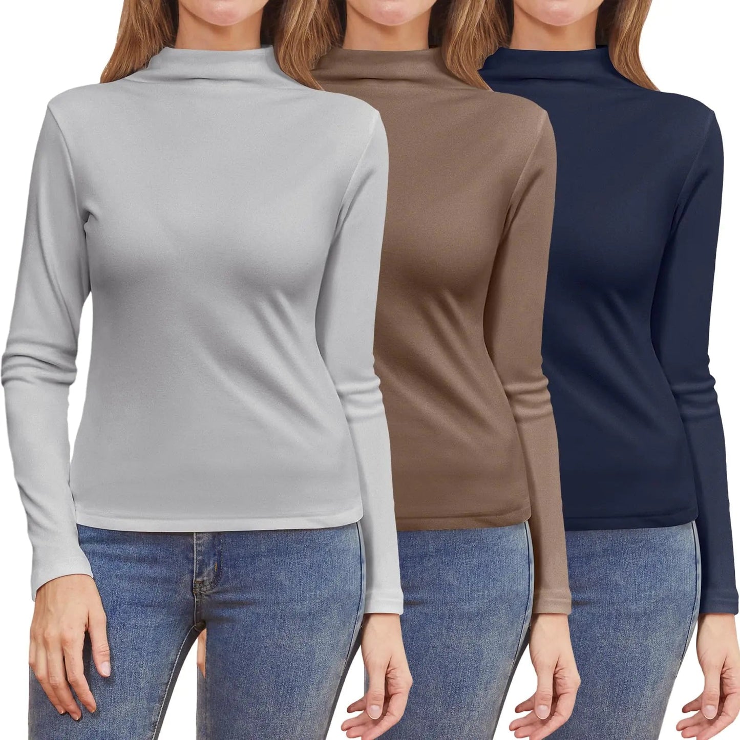 Geyoga 3 Pcs Women Mock Turtleneck Long Sleeve Shirts Neck Slim Fit Traceless Tops Winter Thermal Underwear Fleece Lined Top(Light GreyCoffeeNavy BlueM) - Osacean Sky Logistics