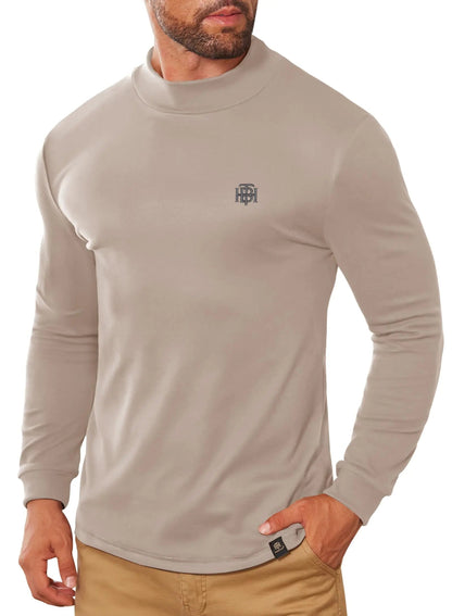 Herberton Mens Soft Tops Stretchy Pullover Fleece Lined Long Sleeve Thermal Mock Neck Warm Thermal Shirts Beige L - Osacean Sky Logistics