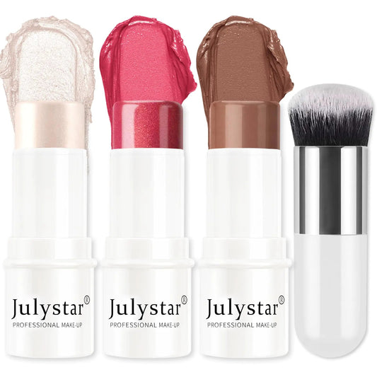 HOSAILY 3Pcs Cream Contour Stick Makeup Set Cream Bronzer Blush Highlighter Stick for Cheeks Eyes Lips Long Lasting Waterproof Blendable Dewy Finish Face Stick Trio Wand for All Skin (1+3+6) - Osacean Sky Logistics