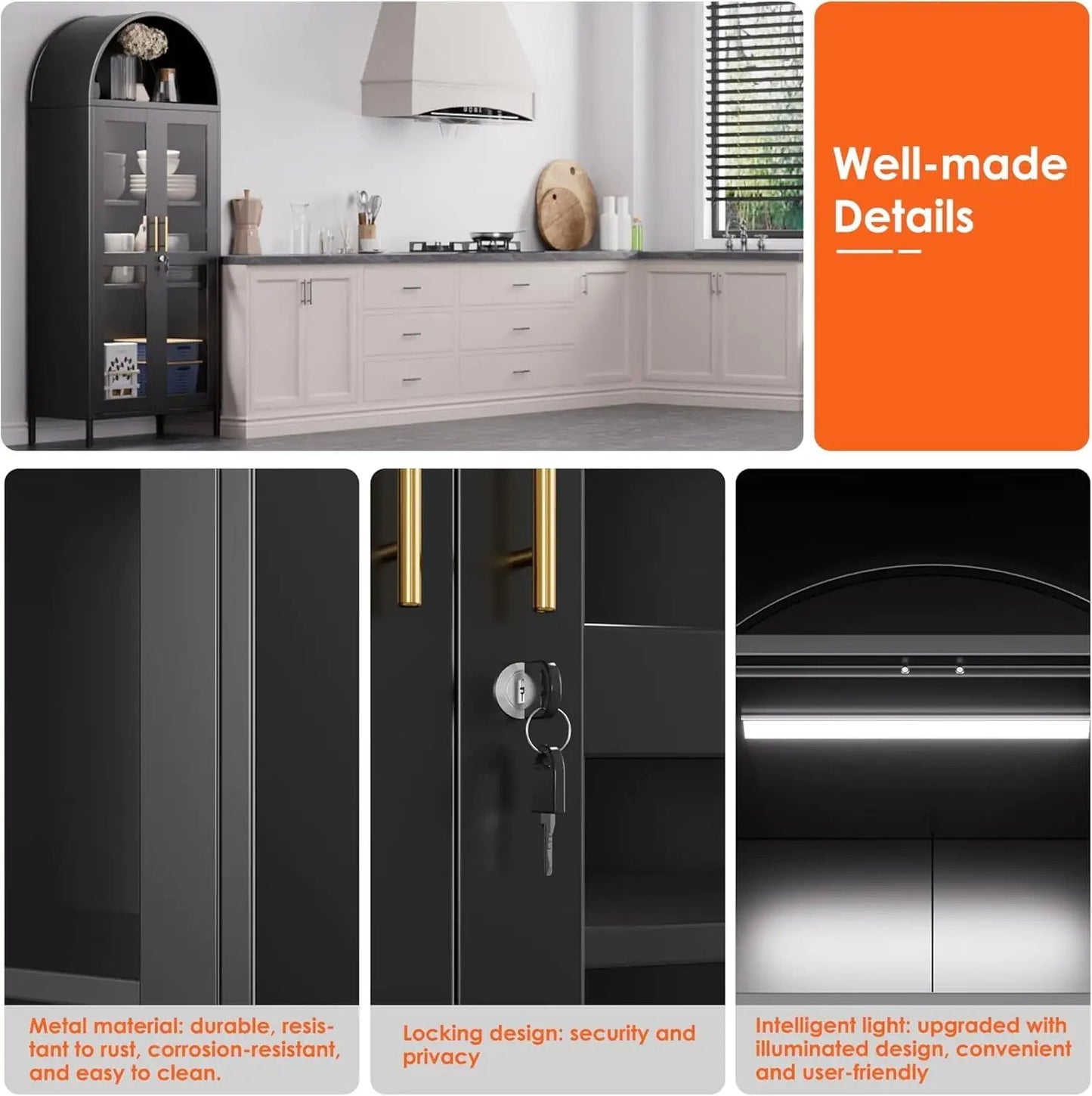 Metal Arched Cabinet With LED Strips, Arch Display Bookcase With Glass Doors, Modern Freestanding Kitchen Pantry Storage Cabinet For Living Room, Dining Room, Home Office, Assembly Required Black - Osacean Sky Logistics