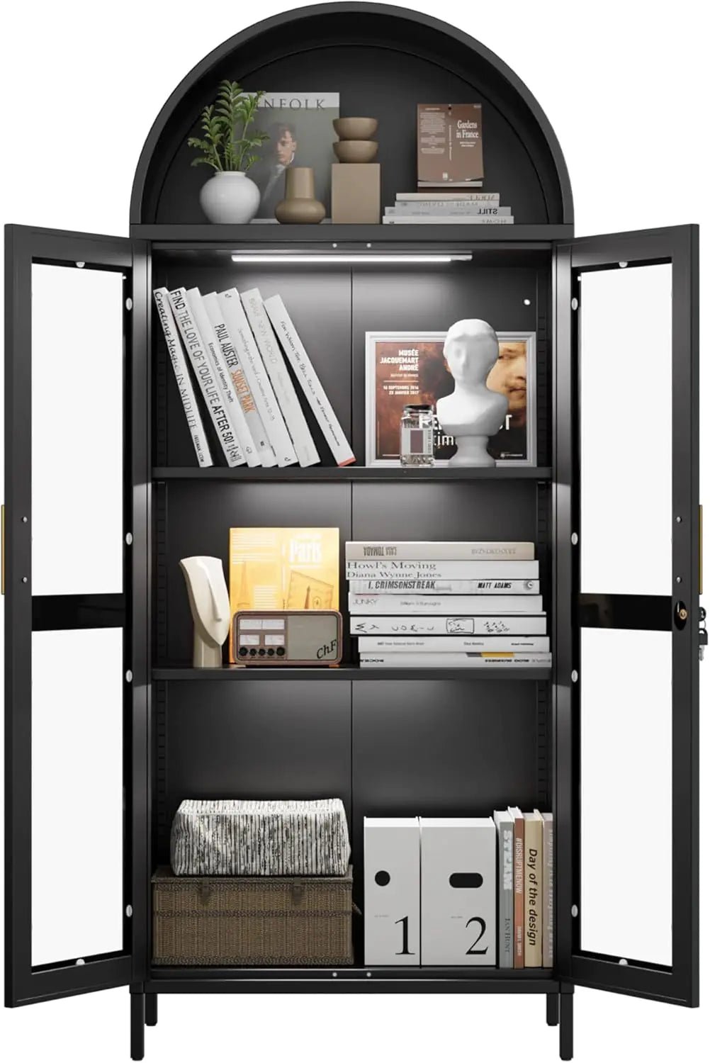 Metal Arched Cabinet With LED Strips, Arch Display Bookcase With Glass Doors, Modern Freestanding Kitchen Pantry Storage Cabinet For Living Room, Dining Room, Home Office, Assembly Required Black - Osacean Sky Logistics