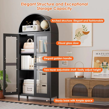 Metal Arched Cabinet With LED Strips, Arch Display Bookcase With Glass Doors, Modern Freestanding Kitchen Pantry Storage Cabinet For Living Room, Dining Room, Home Office, Assembly Required Black - Osacean Sky Logistics