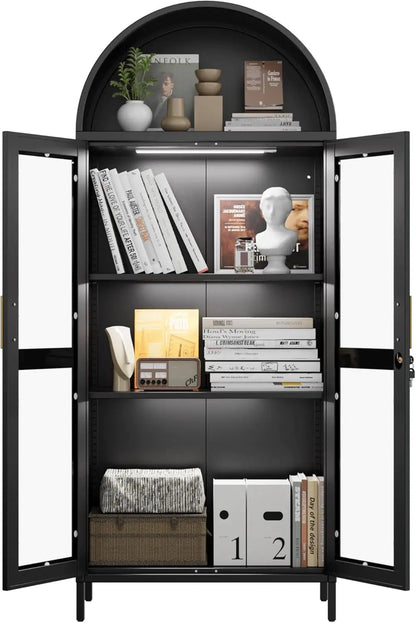 Metal Arched Cabinet With LED Strips, Arch Display Bookcase With Glass Doors, Modern Freestanding Kitchen Pantry Storage Cabinet For Living Room, Dining Room, Home Office, Assembly Required Black - Osacean Sky Logistics