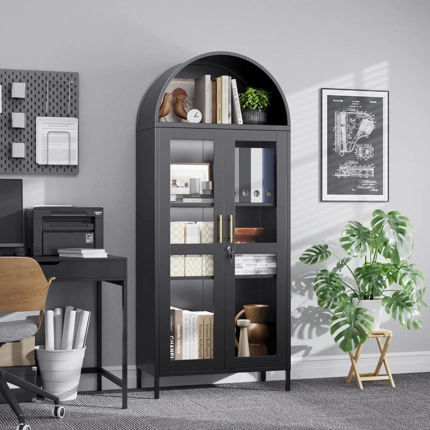Metal Arched Cabinet With LED Strips, Arch Display Bookcase With Glass Doors, Modern Freestanding Kitchen Pantry Storage Cabinet For Living Room, Dining Room, Home Office, Assembly Required Black - Osacean Sky Logistics