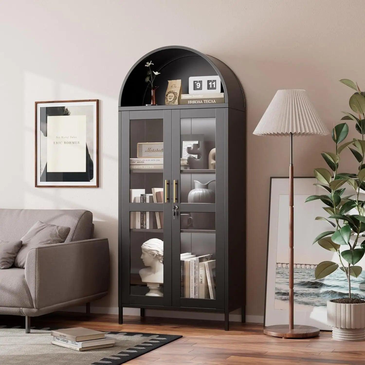 Metal Arched Cabinet With LED Strips, Arch Display Bookcase With Glass Doors, Modern Freestanding Kitchen Pantry Storage Cabinet For Living Room, Dining Room, Home Office, Assembly Required Black - Osacean Sky Logistics