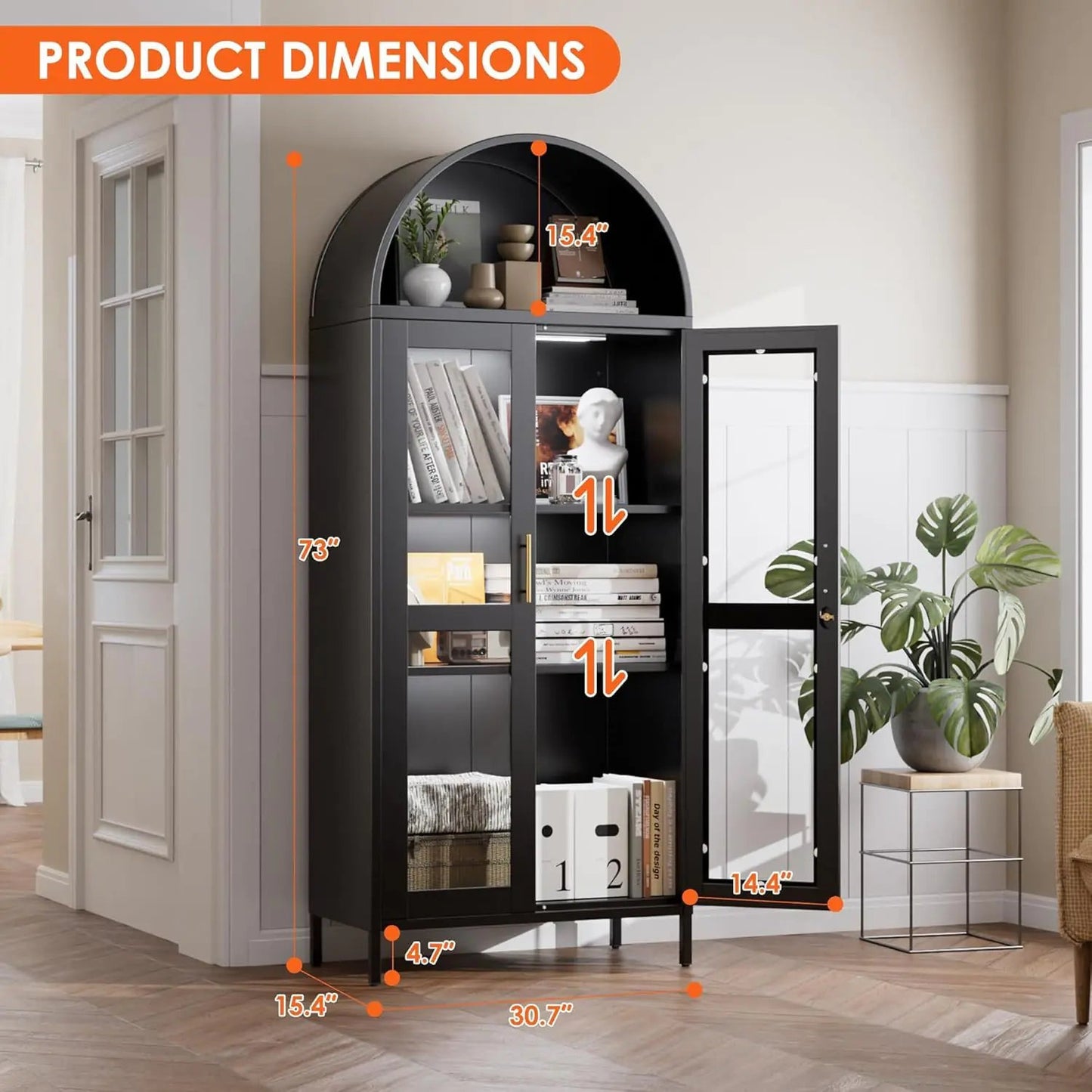 Metal Arched Cabinet With LED Strips, Arch Display Bookcase With Glass Doors, Modern Freestanding Kitchen Pantry Storage Cabinet For Living Room, Dining Room, Home Office, Assembly Required Black - Osacean Sky Logistics