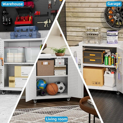 Metal Storage Cabinet With 2 Doors And 4 Hooks,Top Workbench Mobile Tool Chests Garage Cabinets With 4 Wheels And Lock Push Arm For Home,Office,Shop White - Osacean Sky Logistics
