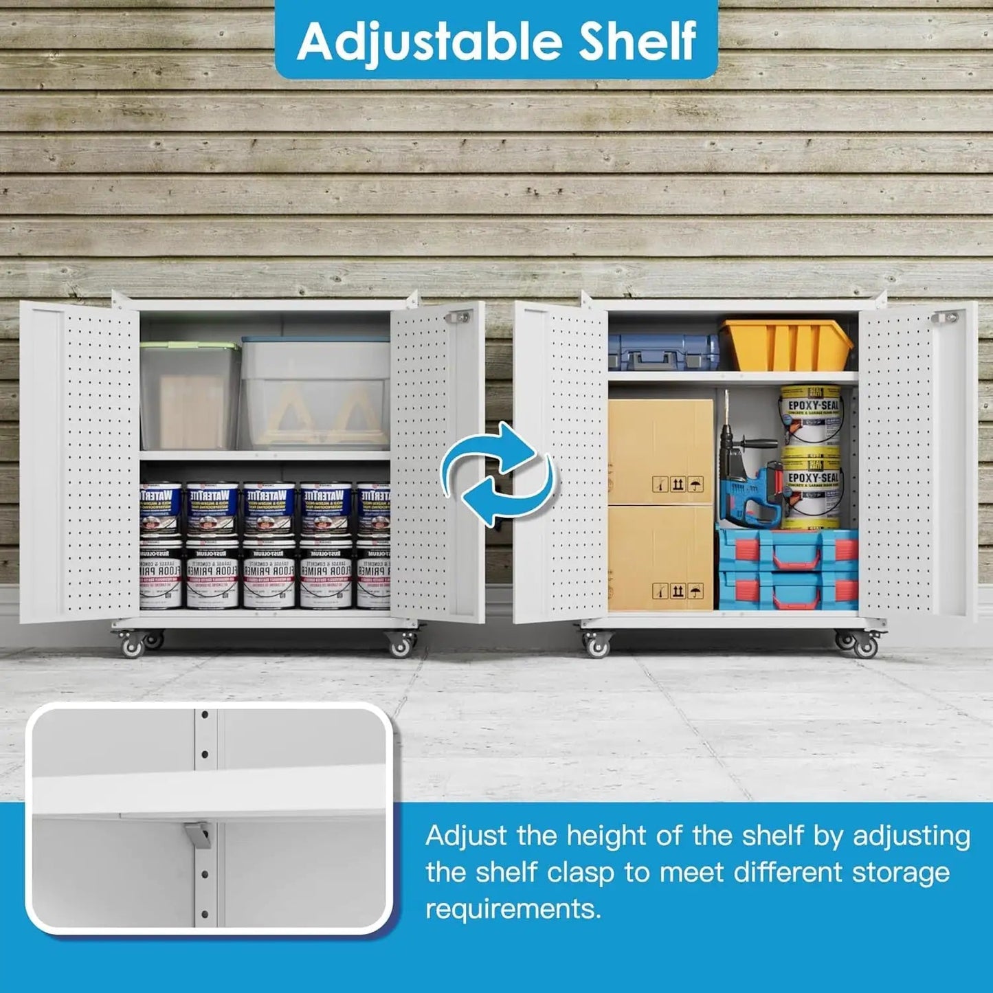 Metal Storage Cabinet With 2 Doors And 4 Hooks,Top Workbench Mobile Tool Chests Garage Cabinets With 4 Wheels And Lock Push Arm For Home,Office,Shop White - Osacean Sky Logistics