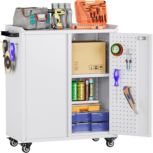 Metal Storage Cabinet With 2 Doors And 4 Hooks,Top Workbench Mobile Tool Chests Garage Cabinets With 4 Wheels And Lock Push Arm For Home,Office,Shop White - Osacean Sky Logistics