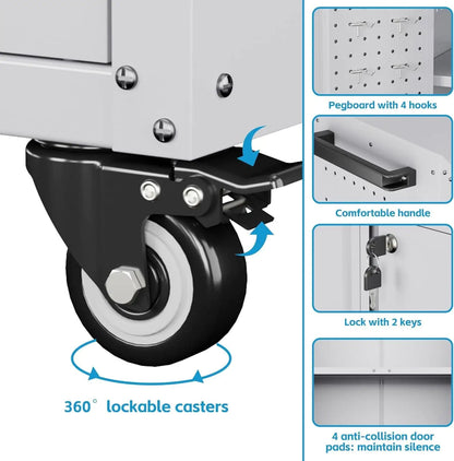Metal Storage Cabinet With 2 Doors And 4 Hooks,Top Workbench Mobile Tool Chests Garage Cabinets With 4 Wheels And Lock Push Arm For Home,Office,Shop White - Osacean Sky Logistics