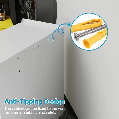 Metal Storage Cabinet With 2 Doors And 4 Hooks,Top Workbench Mobile Tool Chests Garage Cabinets With 4 Wheels And Lock Push Arm For Home,Office,Shop White - Osacean Sky Logistics