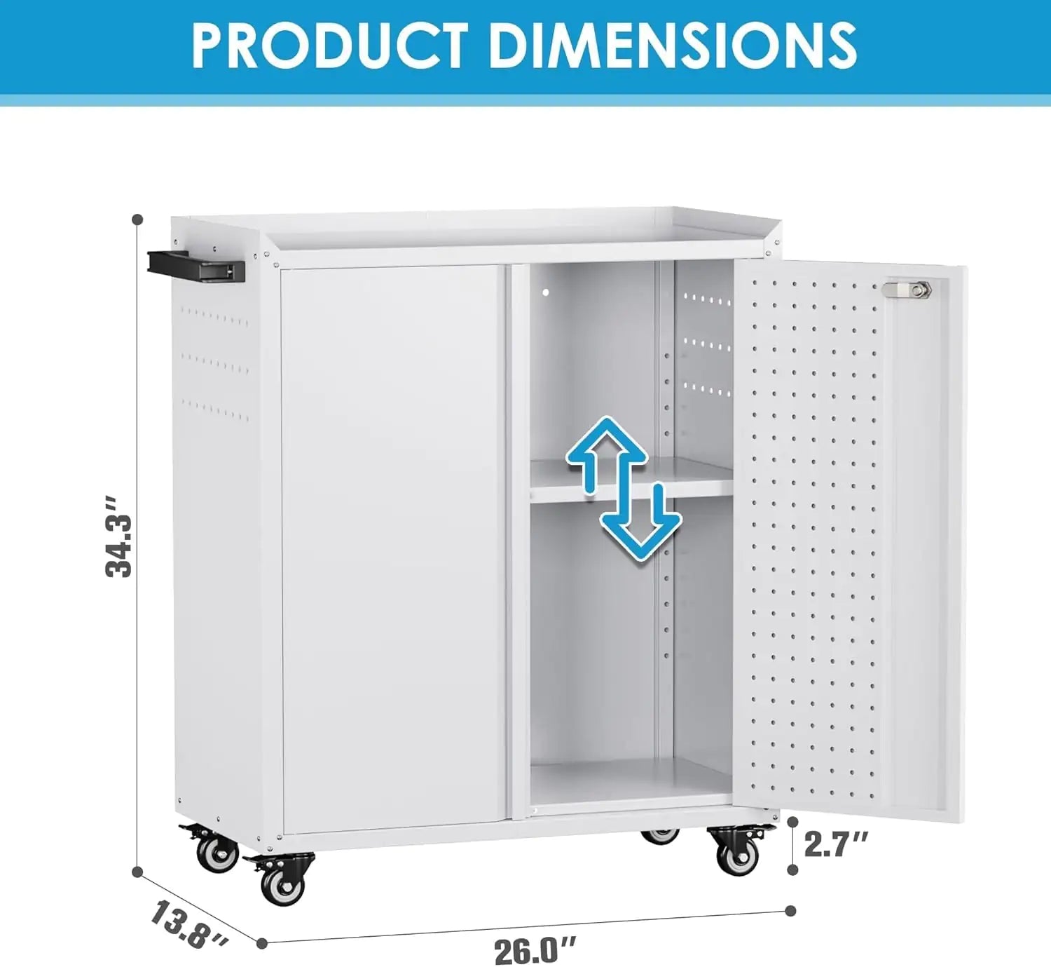 Metal Storage Cabinet With 2 Doors And 4 Hooks,Top Workbench Mobile Tool Chests Garage Cabinets With 4 Wheels And Lock Push Arm For Home,Office,Shop White - Osacean Sky Logistics