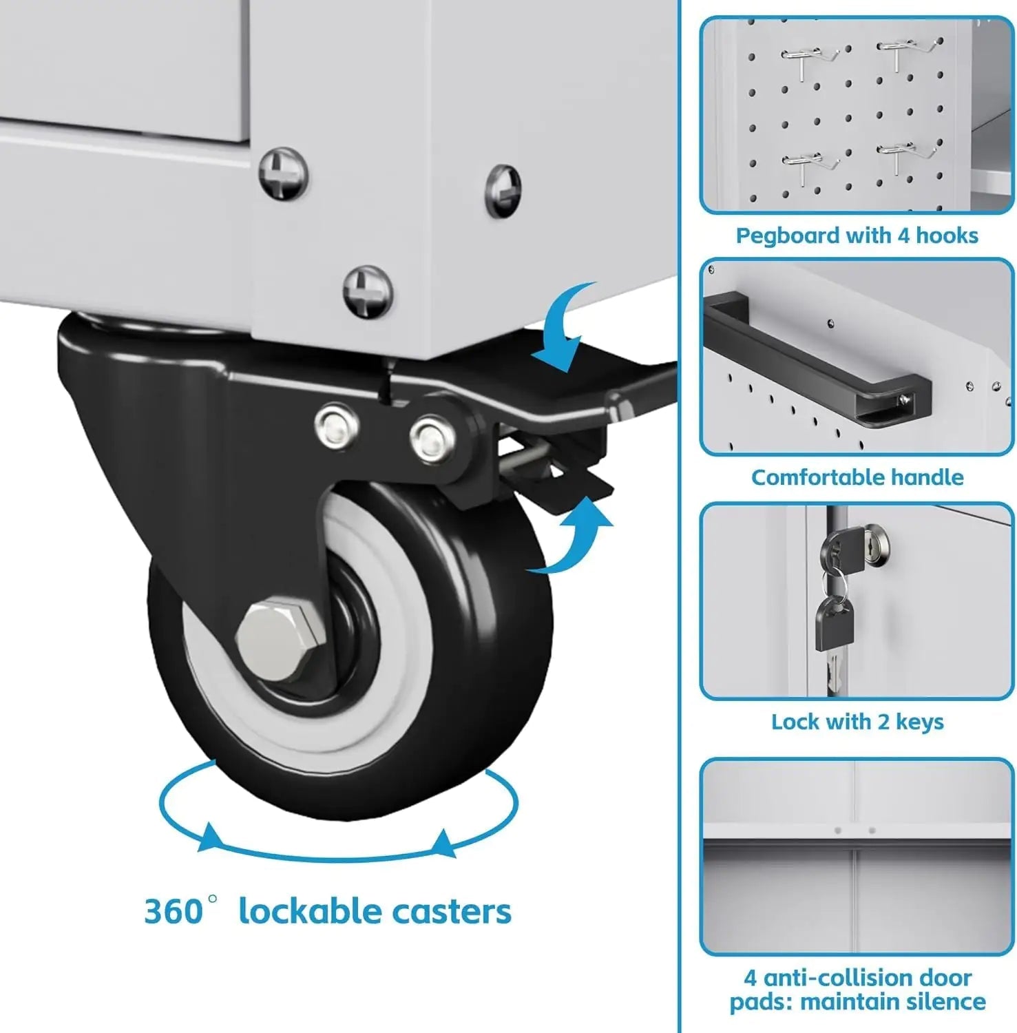 Metal Storage Cabinet With 2 Doors And 4 Hooks,Top Workbench Mobile Tool Chests Garage Cabinets With 4 Wheels And Lock Push Arm For Home,Office,Shop White - Osacean Sky Logistics