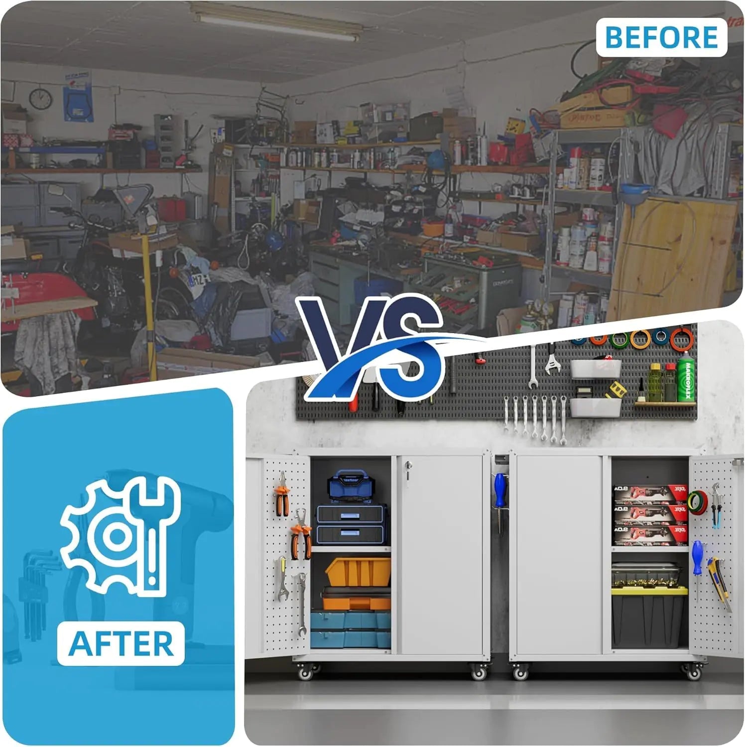 Metal Storage Cabinet With 2 Doors And 4 Hooks,Top Workbench Mobile Tool Chests Garage Cabinets With 4 Wheels And Lock Push Arm For Home,Office,Shop White - Osacean Sky Logistics